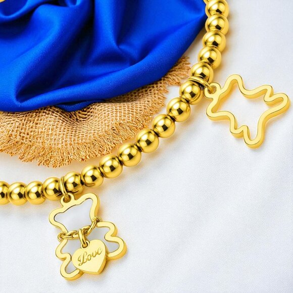 🆕️18K Gold Plated Bear Charm Stretch Bracelet Beaded Stainless Steel Stackable - Picture 11 of 11